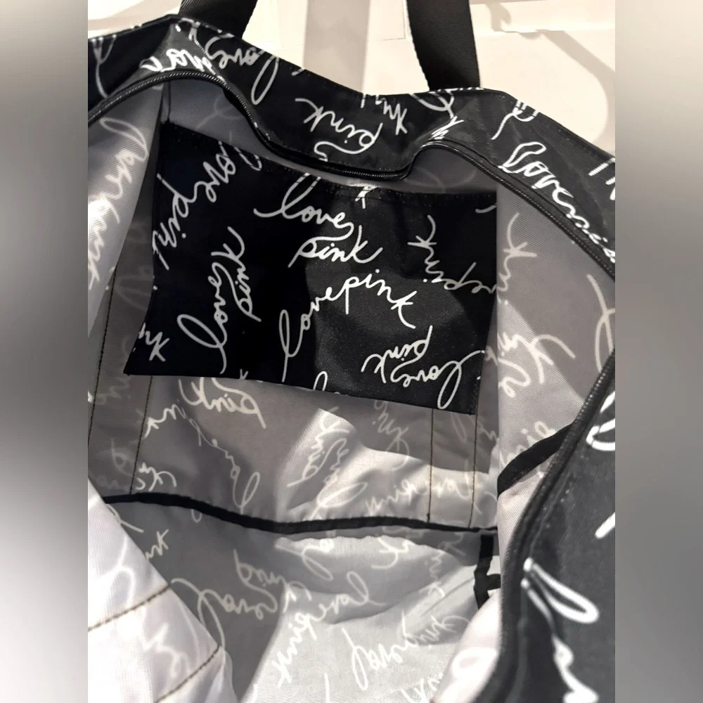 Victoria’s Secret PINK Black & White Script Logo Weekender Tote Bag NWOT